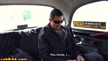 Dick tugging brunette cabbie rides passenger on backseat