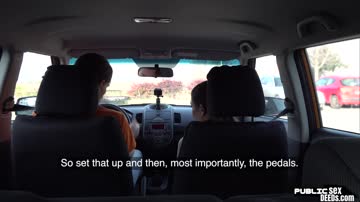 Petite student driver publicly sucking her instructor
