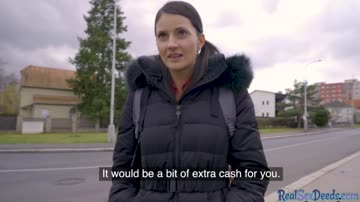 Lonely brunette shows tits before pickup and has public sex