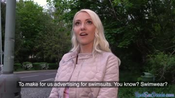 Blonde 25yo cutie gives blowjob to his huge dick in public