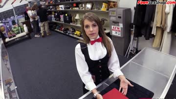 Petite pawnshop customer throatfucked for easy cash