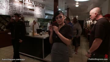 Busty babe fucked at public steak house