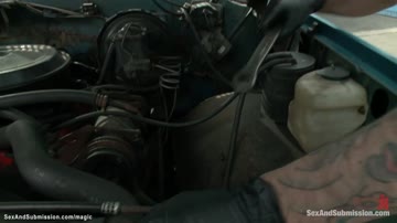 Big cock mechanic fucks bound blonde