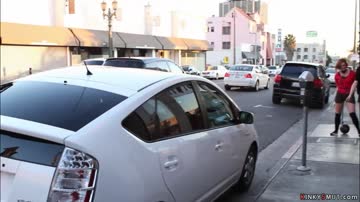 Bound babe takes big cock in public