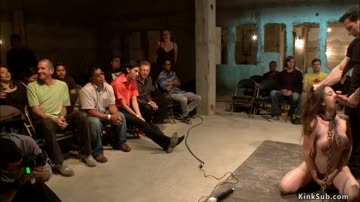 Bound slut gets facial in public