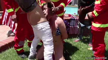 Bound brunette fucked by firefighters