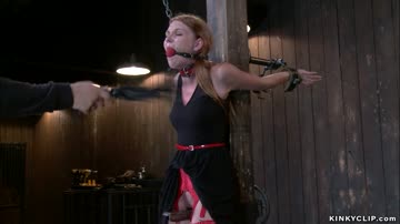 Gagged slave in red stockings whipped