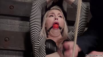 Blonde slave toyed in hogtie bondage