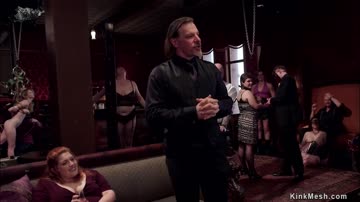 Bound slaves in lingerie fuck at party