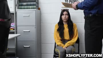 Shoplifter Judy Jolie complies to go through this very thorough cavity search