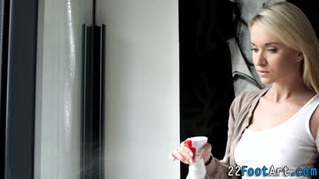 Sexy blonde babe with small tits foot fucks