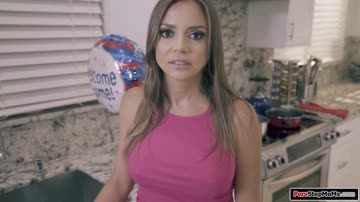 Big tits latina stepmom jerks off stepsons cock as a welcome