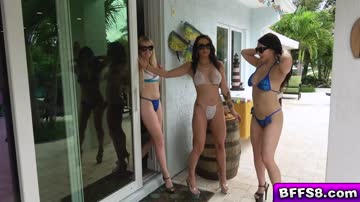 Lucky stud fucking three hot babes in bikinis