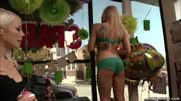 Blonde slave anal fucked in Bday shop