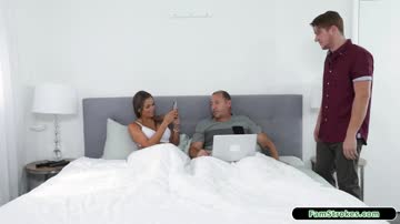 Busty milf fucking her stepson with her husband on the side