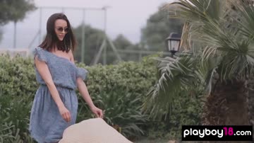 Cute Adel Morel in backyard showing her tits and slit