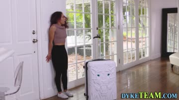 Lesbian whore rides strapon cock