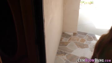 Fetish babe in blowbang gets spermed
