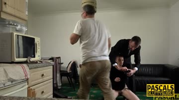 Submissive teen gags throating cock