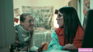 Two lesbian babes licked by busty mysterious lady