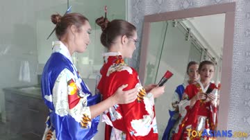 Japanese teen geishas eat out and scissor