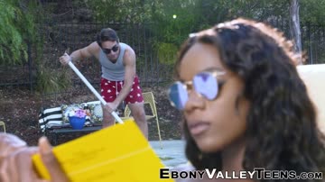 Ebony skank with small tits takes facial