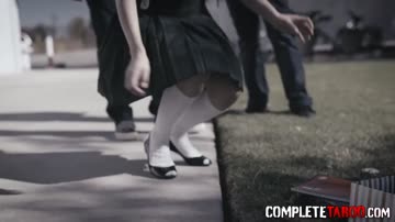 Horny teen gobbles dicks and tugs