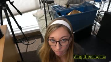 Nerd girl knows how to ride a massive cock during a serious job interview that turns into a sex game