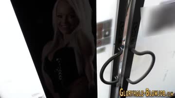 Blonde sucks at gloryhole for cum in mouth