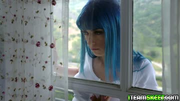 Blue haired teen whips out the studs rod and start sucking on it