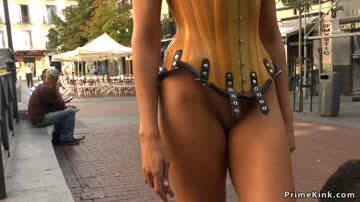 Naked babe in plastic corset public disgraced