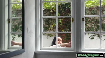 Stepmom trapped in the window and fucked by her 2 stepsons